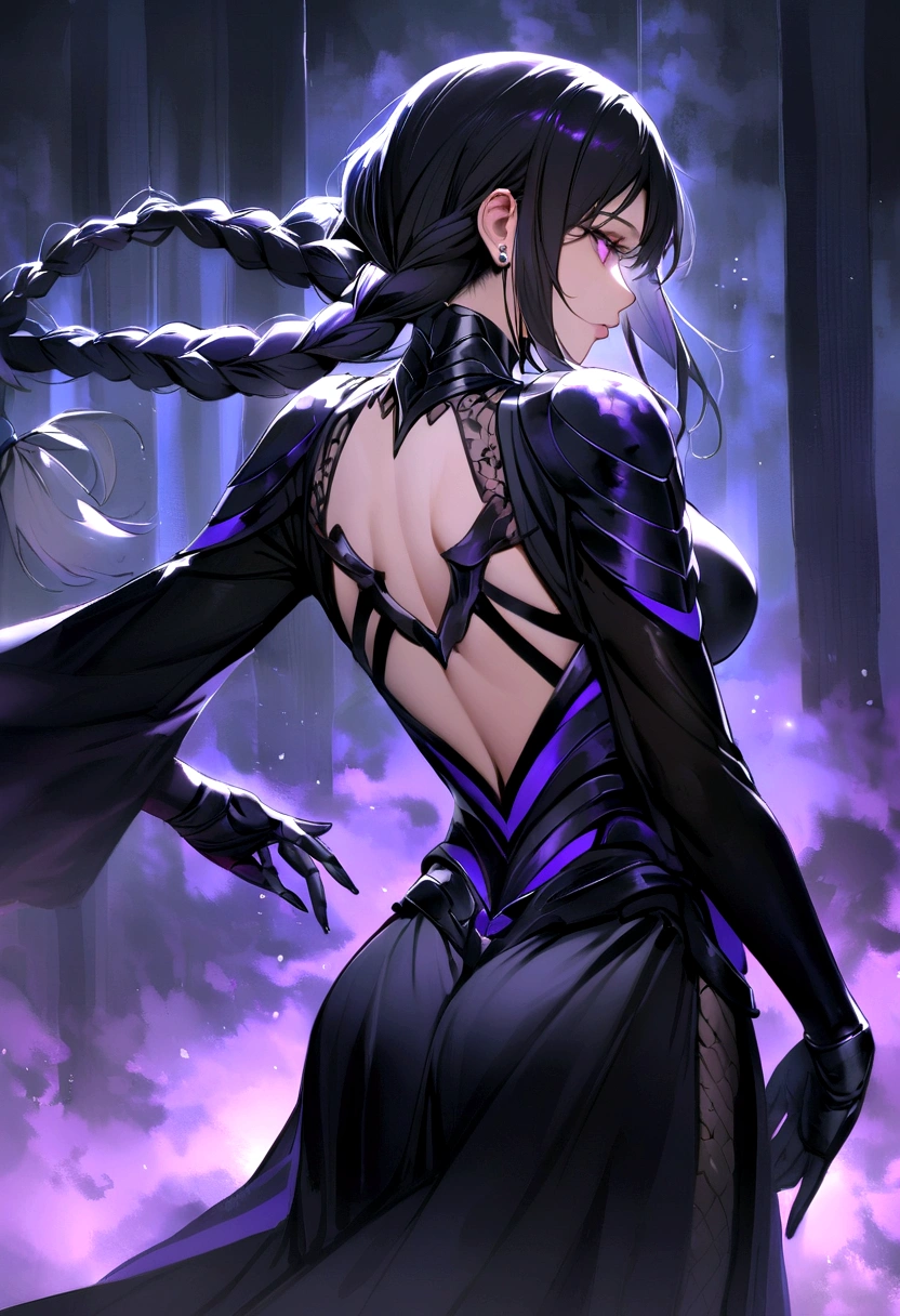 Young black girl, long curly purple hair, elf ears, low ponytail, nice, Yellow eyes, open purple drees, open shoulders, open back, standing back, look around, Masterpiece, high qulity