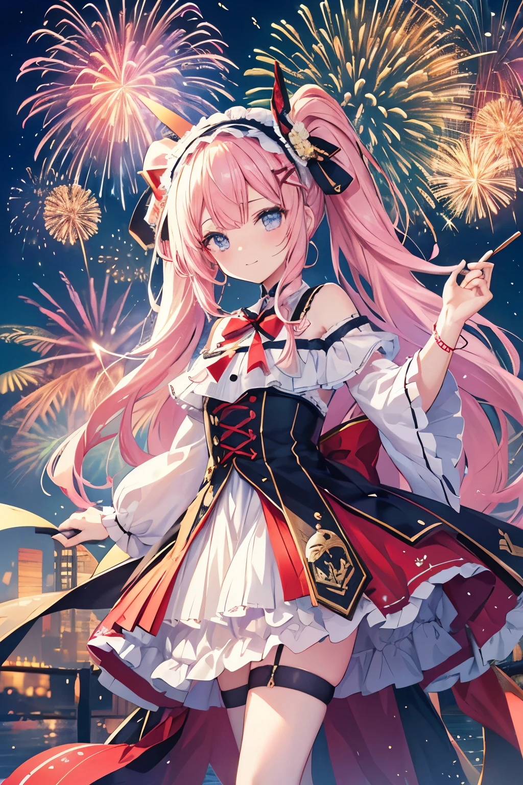[masterpiece], [Highest quality], Very detailed, Absurd, Panorama, Abstract background, girl, [student], 瞳孔がShine, Captivating smile, Long Hair, (Twin Blade), Lolita Hairband, Sleeveless dress, Lolita Fashion, off_shoulder, uwabaki, foot_garter, (Fairy Wings), Put your arms behind your back, (Are standing), (avert your eyes), In summer, Ferris wheel, Summer festival, dream-like, Shineネオンライト, (Dynamic Angle, In detail, (bloom), (Shine), Shine星, ((((最も詳細なfirework)))), ((((Depth of written boundary)))), (((firework))),(((Backlight))),)