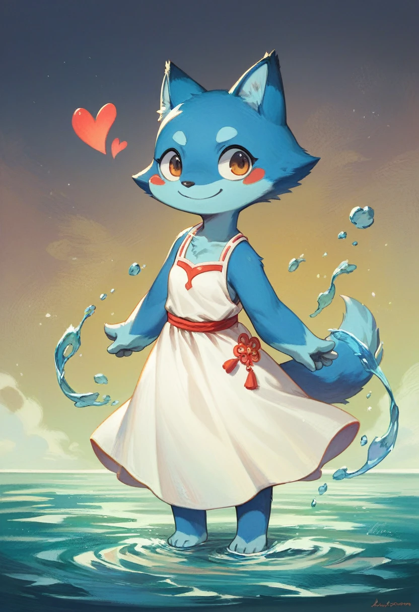 ((4k,Masterpiece,Best Quality)), shuimobysim, traditional chinese ink painting, heart,  hanfu, maxiskirt, dress conservatively 1 girl, Alone, long blue fur, SMILE, standing, feet in the water, barefoot,
 