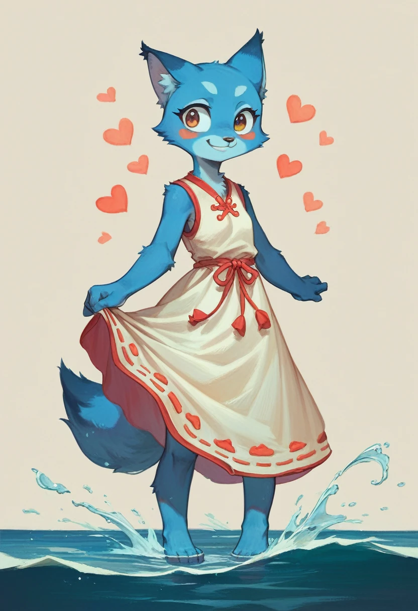 ((4k,Masterpiece,Best Quality)), shuimobysim, traditional chinese ink painting, heart,  hanfu, maxiskirt, dress conservatively 1 girl, Alone, long blue fur, SMILE, standing, feet in the water, barefoot,
 