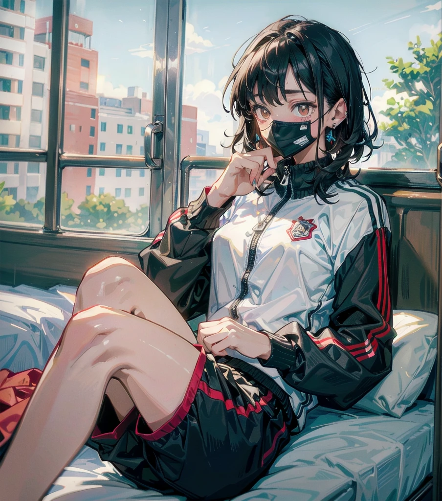 whole body, solo, alone, delicate  features, medium , medium hair, black hair, tearful mole, earring, tracksuit, shorts, bed,