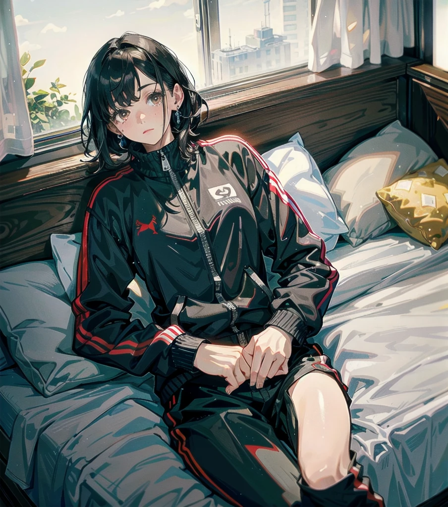 whole body, solo, alone, delicate facial features, medium tits, medium hair, black hair, tearful mole, earring, tracksuit, shorts, bed,