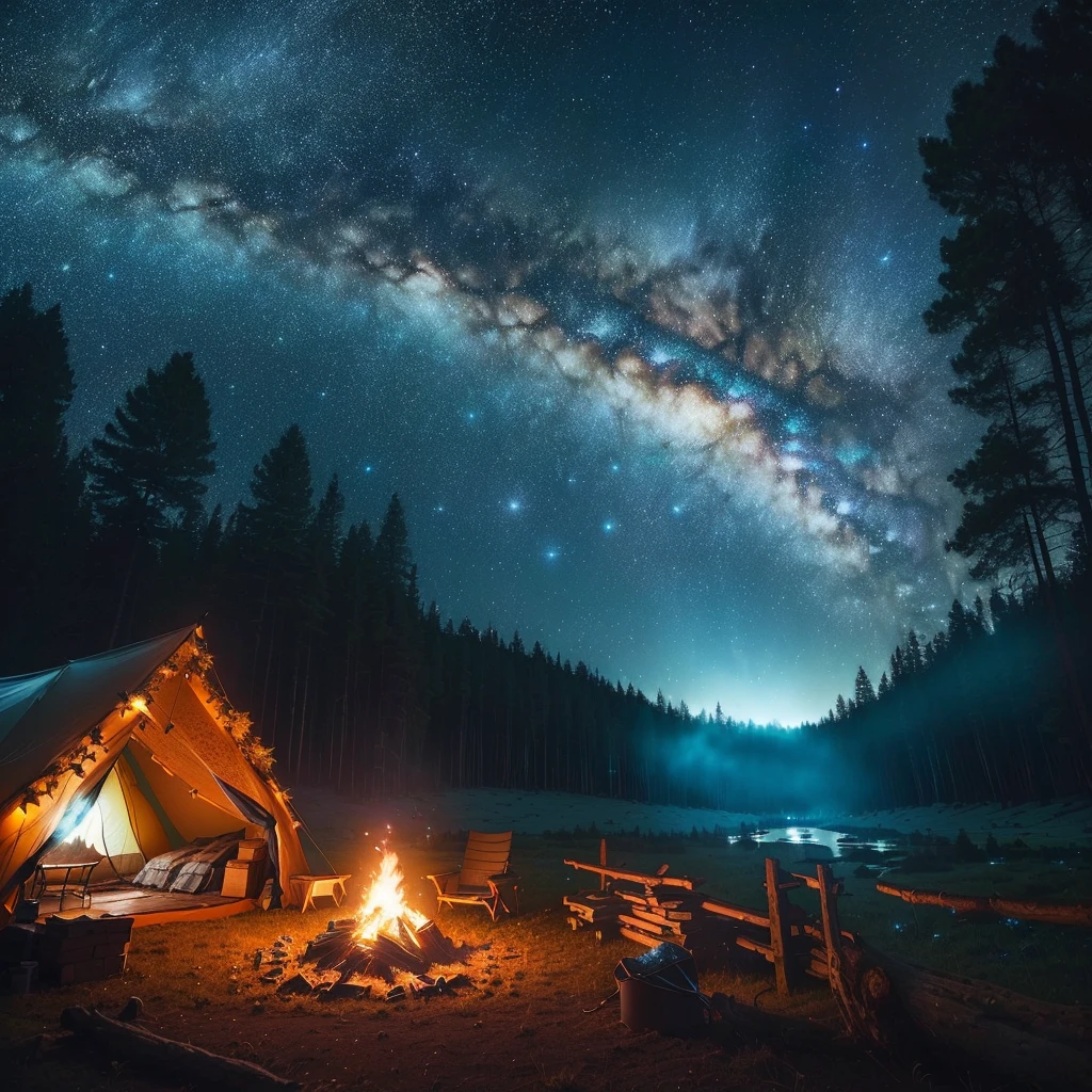 starry night in the forest with a campfire and a tent, night time with starry sky, night sky photography, watching the stars at night, dreamy night, nighttime nature landscape, night outdoors, dream like atmosphere 8k, mikko lagerstedt, milky way environment, watching the stars, outdoors at night, far away dreamy atmosphere, fog and starry skies