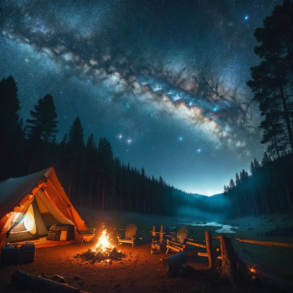 starry night in the forest with a campfire and a tent, night time with starry sky, night sky photography, watching the stars at night, dreamy night, nighttime nature landscape, night outdoors, dream like atmosphere 8k, mikko lagerstedt, milky way environment, watching the stars, outdoors at night, far away dreamy atmosphere, fog and starry skies