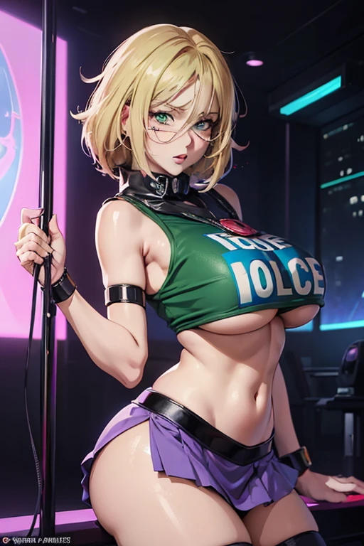 8K(Anime style face:1.7 )woman,Huge boobs,very red lips,Big Ass,Thin waist long legs,Green Eyes, Emphasis on huge breasts,Greenish blue eyes blonde (Purple light-up)Pole Dance Room:1.3(Police Officer,mini skirt), The face we&#39;re looking for,8K(A kind smile) The facial expression is good,Naughty,(Your clothes are torn:1.5),,A soft smile with slightly red cheeks