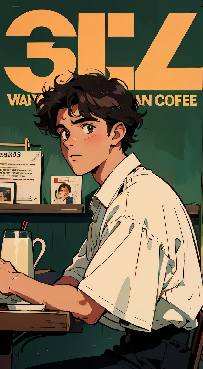 Best image quality, 1980s style animation, 21-year-old boy, slightly curly black hair, light brown eyes,  with a white shirt, magazine cover, whole body , at a cafe , posing, With a cute otter