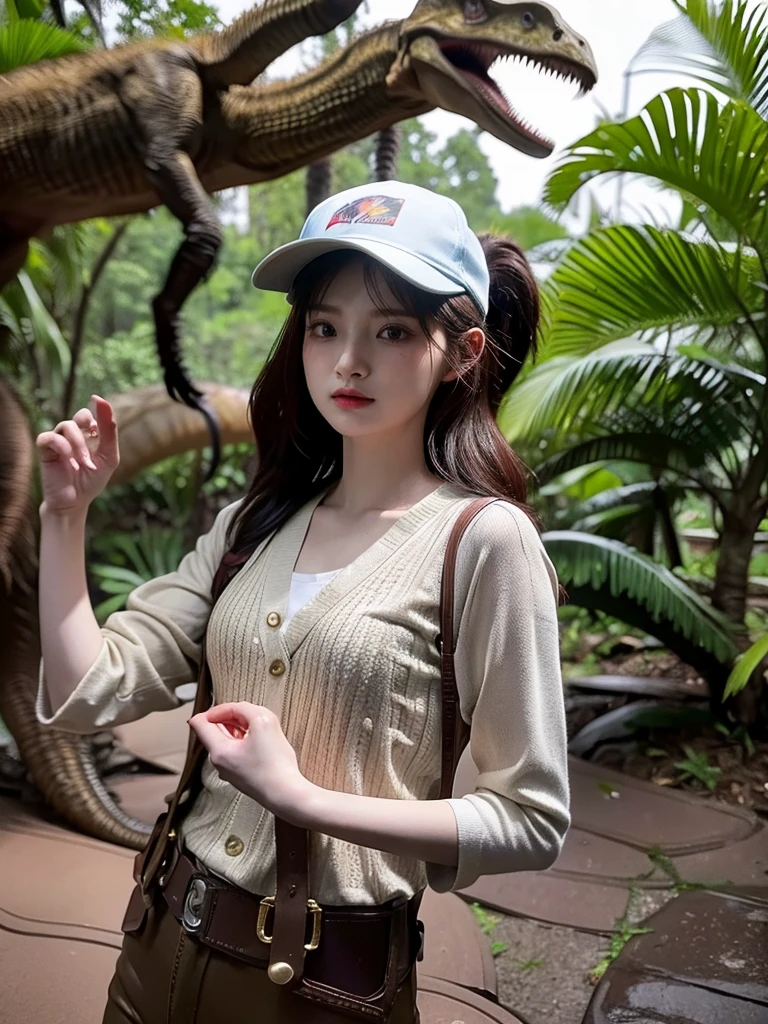 Chica linda como wang yiren, in jurassic park jurassic park with a dinosaur , nice hair and cap