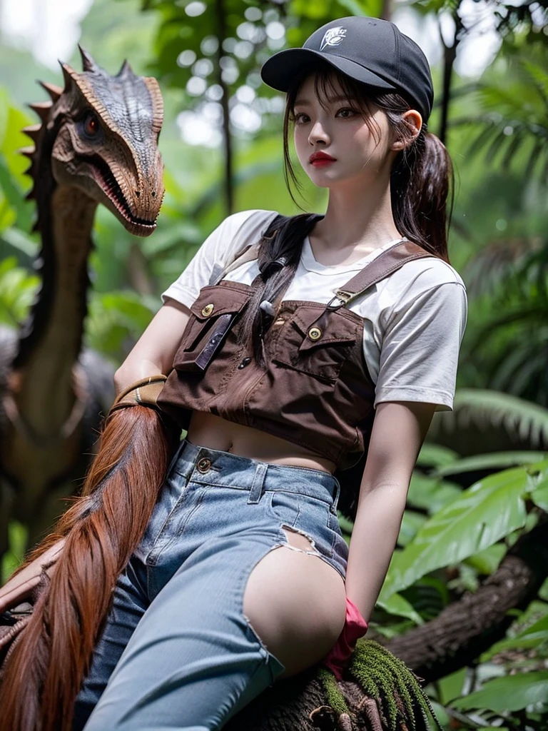 Chica linda como wang yiren, in jurassic park jurassic park with a dinosaur , nice hair and cap