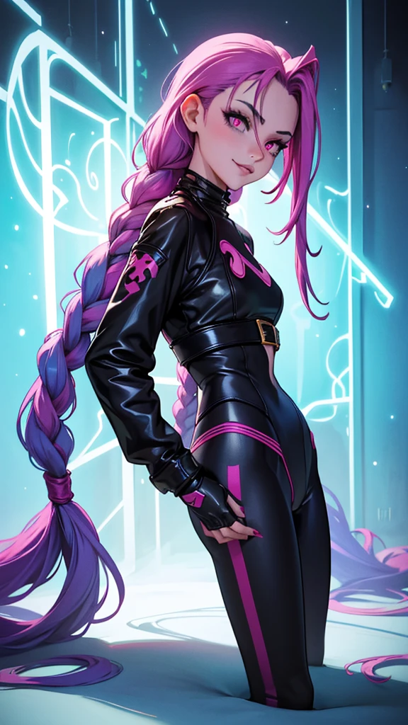 wavy, short, pink hair that falls to the sides covering her ears, large, sharp, turquoise eyes, long eyelashes, small nose, wide red lips, pale, white skin, pink turtleneck top, colored violet sleeves that goes from her arms to her hands, black pantyhose, violet fishnet stockings, leather belt with gold details, long pink nails, she is wearing black headphones with a pink musical note ("♪") on the sides.
She is seen from below, in 3/4, her head is looking to the right and her body is turned slightly to the left, her shoulders and hips are tilted in opposite directions, thus giving a more dynamic and less static pose.
In the background there is a green field with violet flowers and a beautiful morning, with a clear, blue sky.