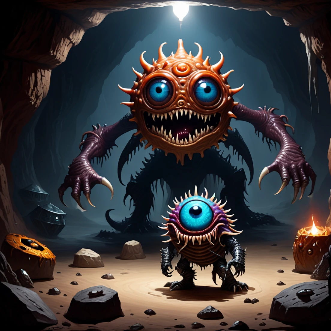 Floating round (((one eyed))) D&D BEHOLDER monster, in the spotlight in a cave, surrounded by void magic. with an armoured knight stood facing it