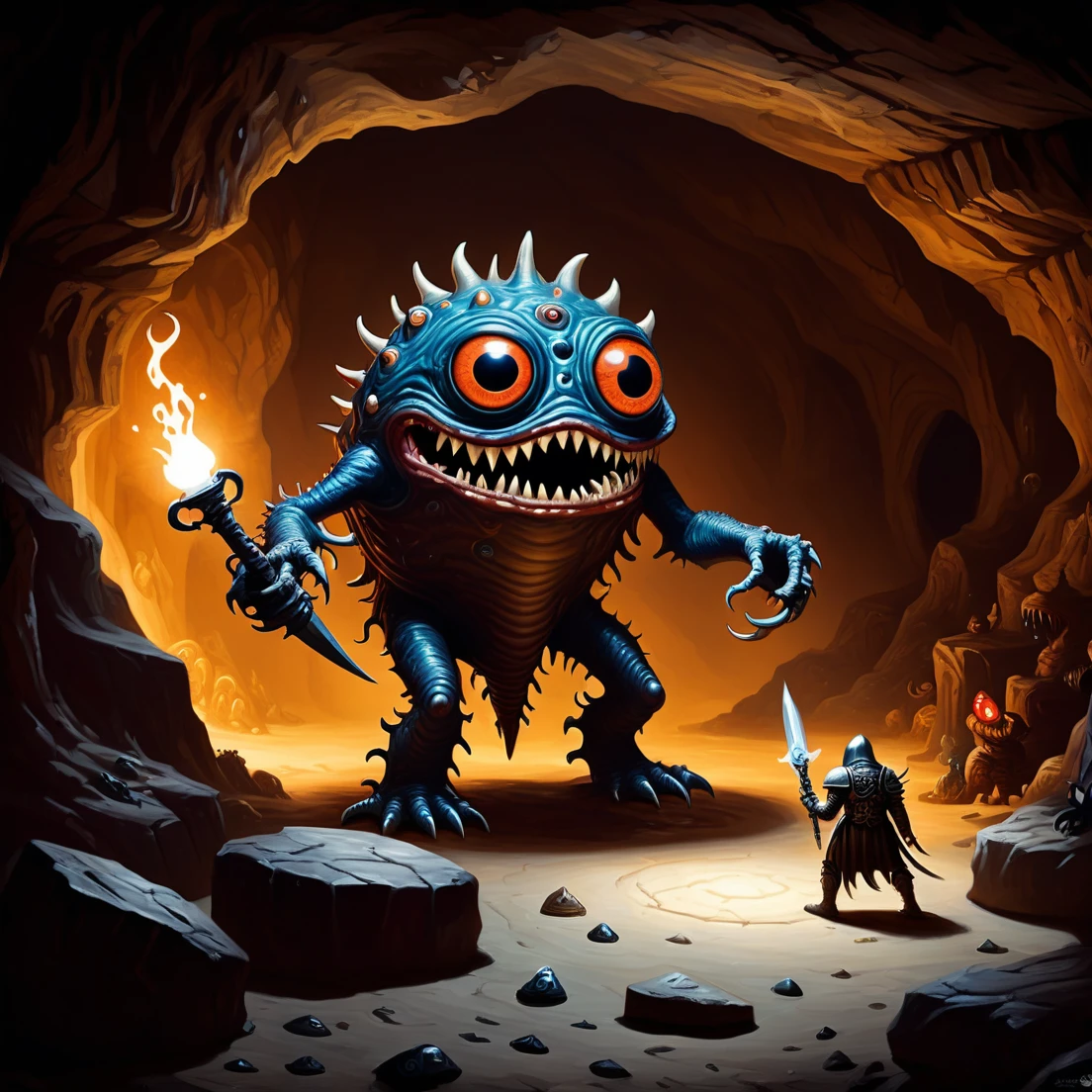 Floating round (((one eyed))) D&D BEHOLDER monster, in the spotlight in a cave, surrounded by void magic. with an armoured knight stood facing it