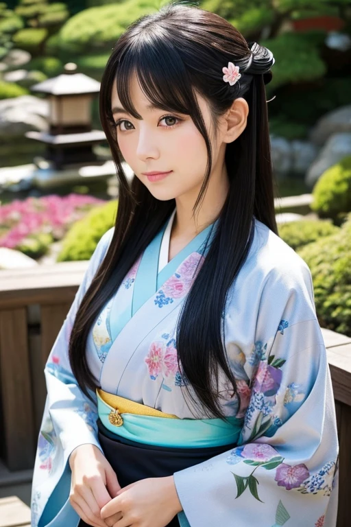 Japanese women、Kimono Beauty、Long Hair、Black Hair、Hairpin in the hair、The background is a Japanese garden