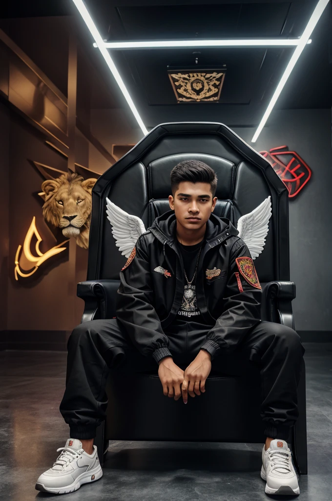 Create a 3d illustration for a profile picture where a 15 year old boy in a black jacket sitting casually on a King of Beasts Throne chair. With a rifle on hand . And a ferocious Lion by my side. Wearing sneakers, he looks ahead. The background features. Altaf. in Big and capital RED Neon light fonts on the dark grey wall. There should not be his shodow, and there are wings to make it appear as if he is an angel