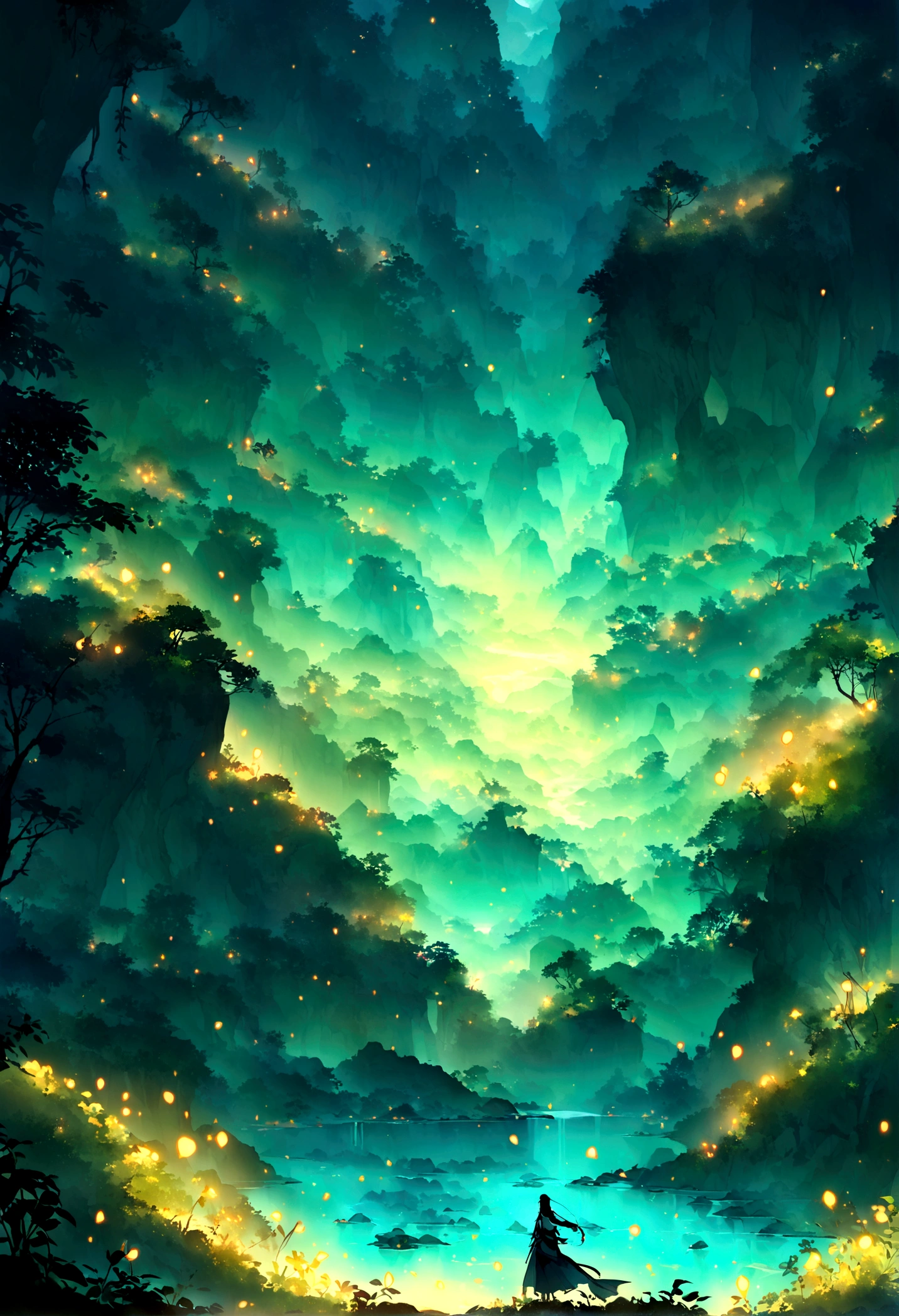 There is a beast，((Lots of glowing plants))，Mysterious forest，Bird，Fog was raging，Star bright，((Mysterious and dreamy scene）），Chinese style，Immortal World，Xianxia World，((nobody))，Pure Landscape
