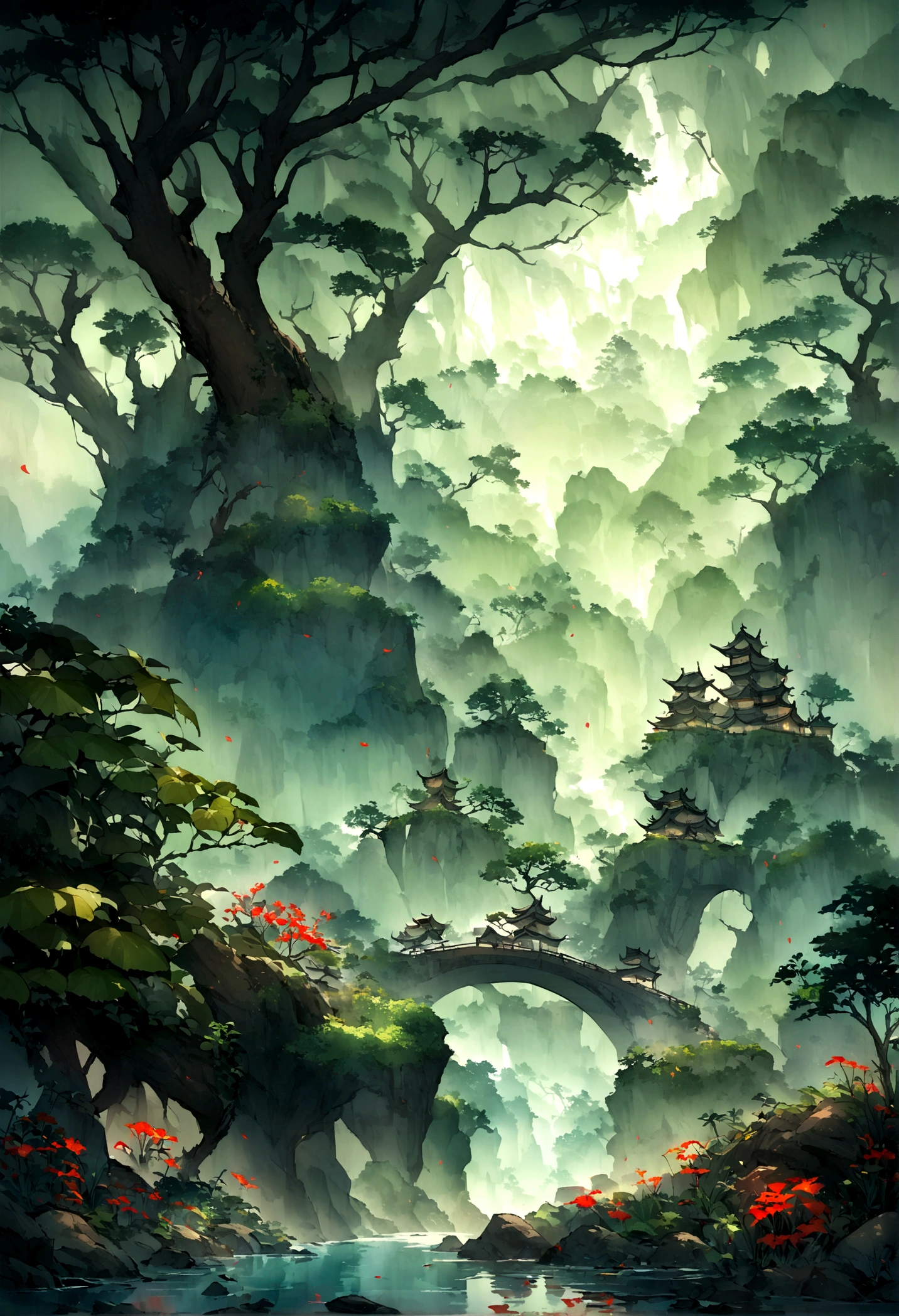 There is a beast,((Lots of glowing plants)),Mysterious forest,Bird,Fog was raging,Star bright,((Mysterious and dreamy scene)),Chinese style,Immortal World,Xianxia World,((nobody)),Pure Landscape