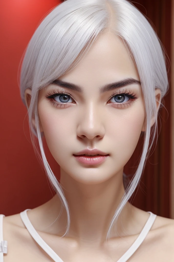 Realistic person with milk white skin whiter than white, straight white hair, with bright red eyes and a little big but look Foxy red eyes and very light brown eyebrows and brown eyelashes , big but Korean lips and be pretty, nice and thin nose and pretty face without forehead