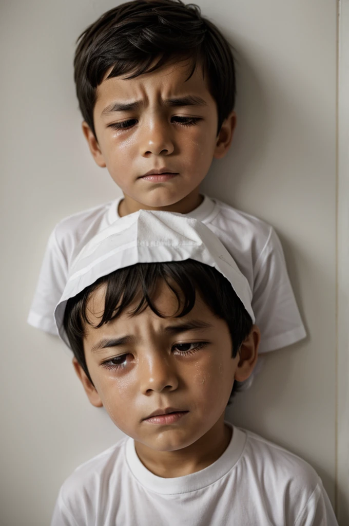 Boy in a white shirt, 6 , very sad, crying with tears falling, suffering a lot