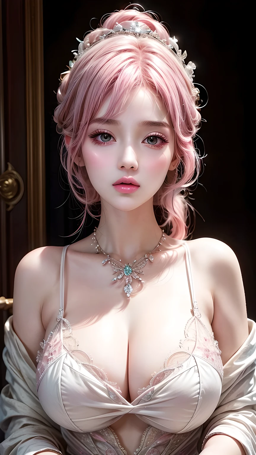 best quality, masterpiece, Big boobs, (Large Breasts), Delicate skin texture, Detailed fabric texture, Delicate face, Super Detail, 8K, Intricate details, 1 Girl, 30 years old, High contrast, High resolution eyes, Pink Hair Goddess,,Sexy。