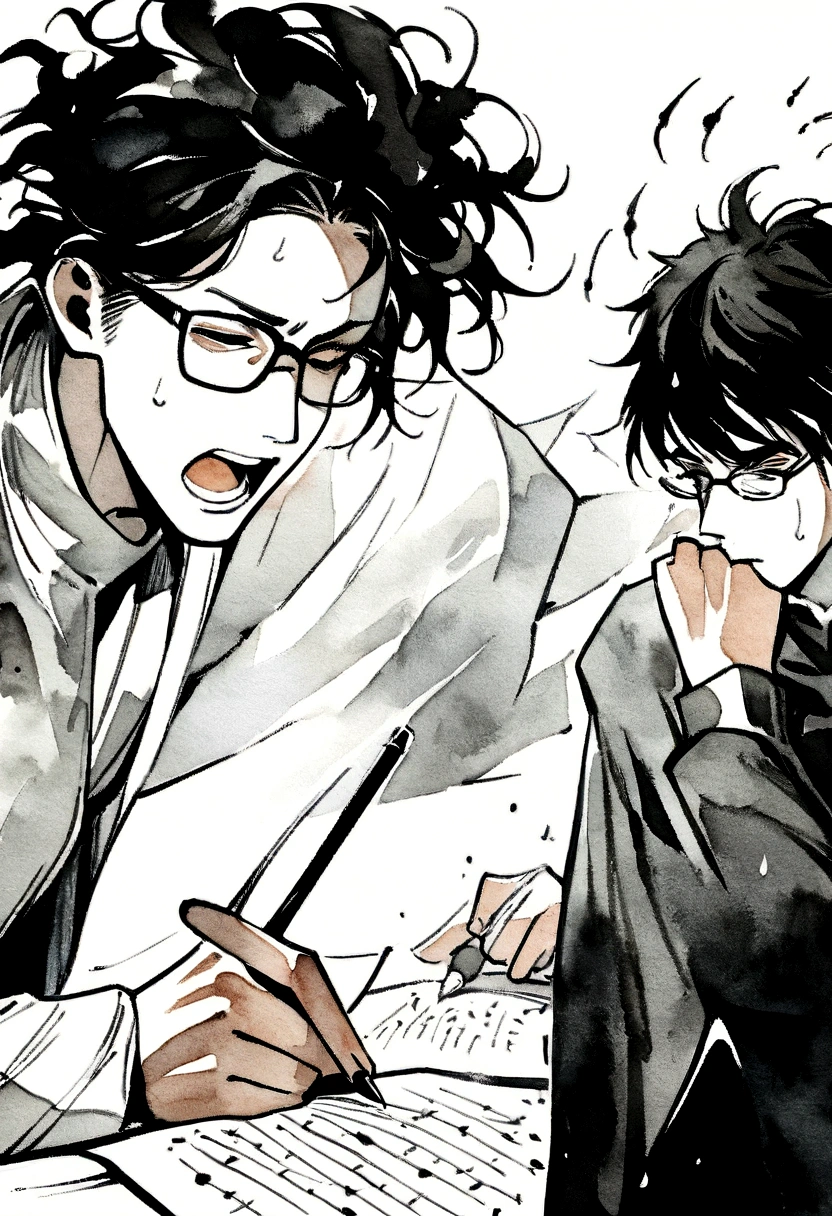 ink art style, black and white, abstract, watercolor painting style, blurs, drawing of a young man, artist man, elegant old clothes, writer man, desperate man ,stressed, rampant, writing with ink, very inspired man, unkempt black hair, glasses, epic , poderes de tinta y writing, rage, strong wind clothes with the wind, rain , black and white, epic, exaggerated pose, sheets of paper flying ,inspiration, wildness , writing , letters