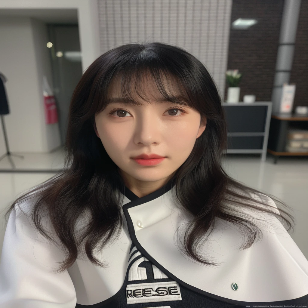 Best Quality, 8k, Masterpiece, (Portrait: 1.3), (photo realistic:1.4), (hyper realistic:1.4), Sharp Focus, looking at viewer, (smoother lighting:1.1), (increase cinematic lighting quality:0.9), realistic lighting, backlighting, light on face, ray trace, (brightening light:1.2), (Increase quality:1.4), sharp detail, (best quality real texture skin:1.4), finely detailed eyes, black_eyes, finely detailed face, 25 year old Korean woman, (white formal_shirt:1.4), (Create an image maintaining the original base model hairstyle:1.5)