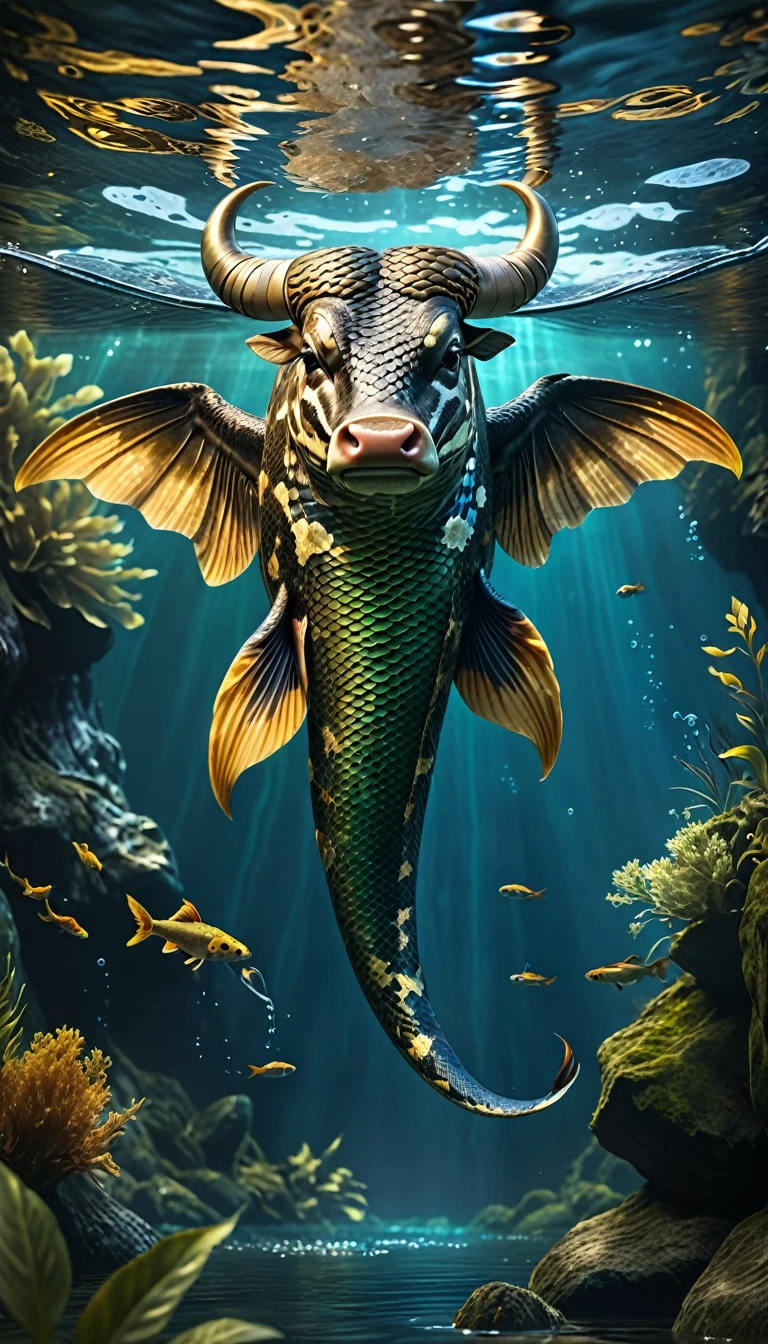 Fish with wings in water,Looks like a cow,Snake's Tail(best quality,4K,8K,High level,masterpiece:1.2),Ultra Detailed,(lifelike,Photo real,Photo real:1.37),Highly detailed animals,Complex patterns,Dramatic lighting,Fantasy creature composition,Panorama