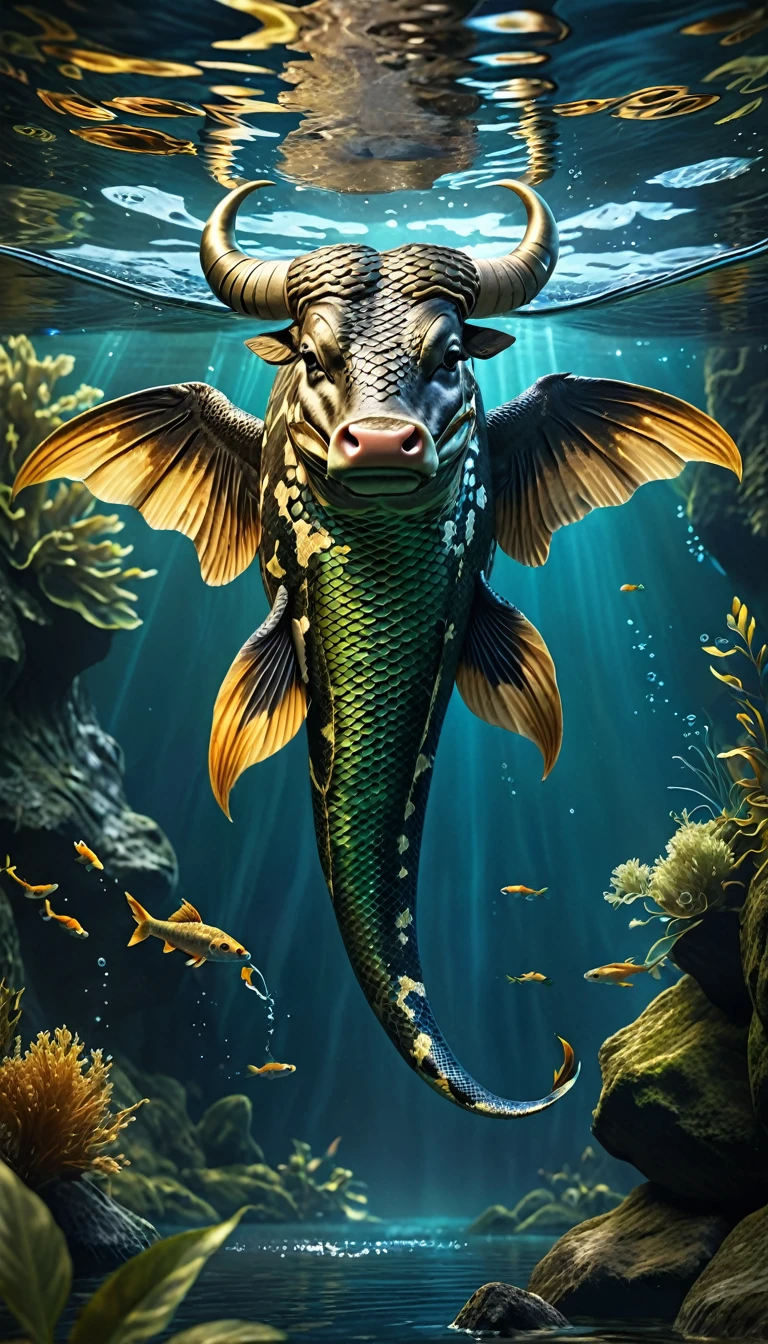 Fish with wings in water，Looks like a cow，Snake&#39;s Tail（best quality，4K，8K，High level，masterpiece：1.2），Ultra Detailed，（lifelike，Photo real，Photo real：1.37），Highly detailed animals，Complex patterns，Dramatic lighting，Fantasy creature composition，Panorama