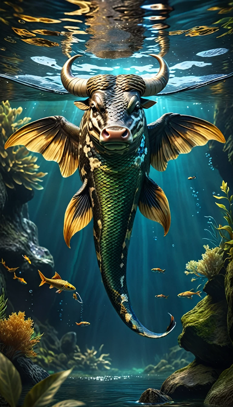 Fish with wings in water,Looks like a cow,Snake's Tail(best quality,4K,8K,High level,masterpiece:1.2),Ultra Detailed,(lifelike,Photo real,Photo real:1.37),Highly detailed animals,Complex patterns,Dramatic lighting,Fantasy creature composition,Panorama