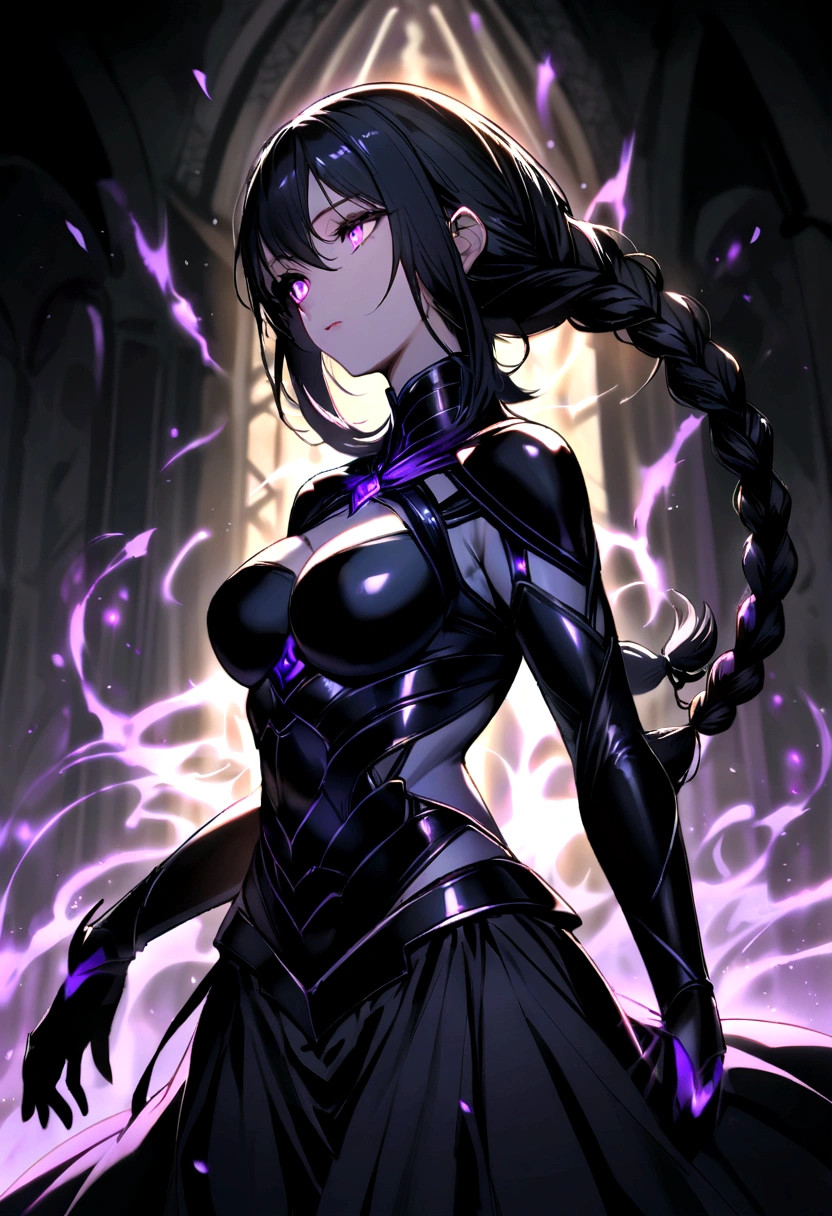Female who has an ethereal presence that commands attention. Her striking violet eyes hold a piercing gaze, reflecting her deep intellect and cold determination. Long, raven-black hair cascades down her back, often tied in intricate braids or left to flow freely. Her lithe, athletic build is accentuated by a flowing dark armor that melds with her movements, designed to provide both protection and the freedom to execute her deadly martial arts techniques.