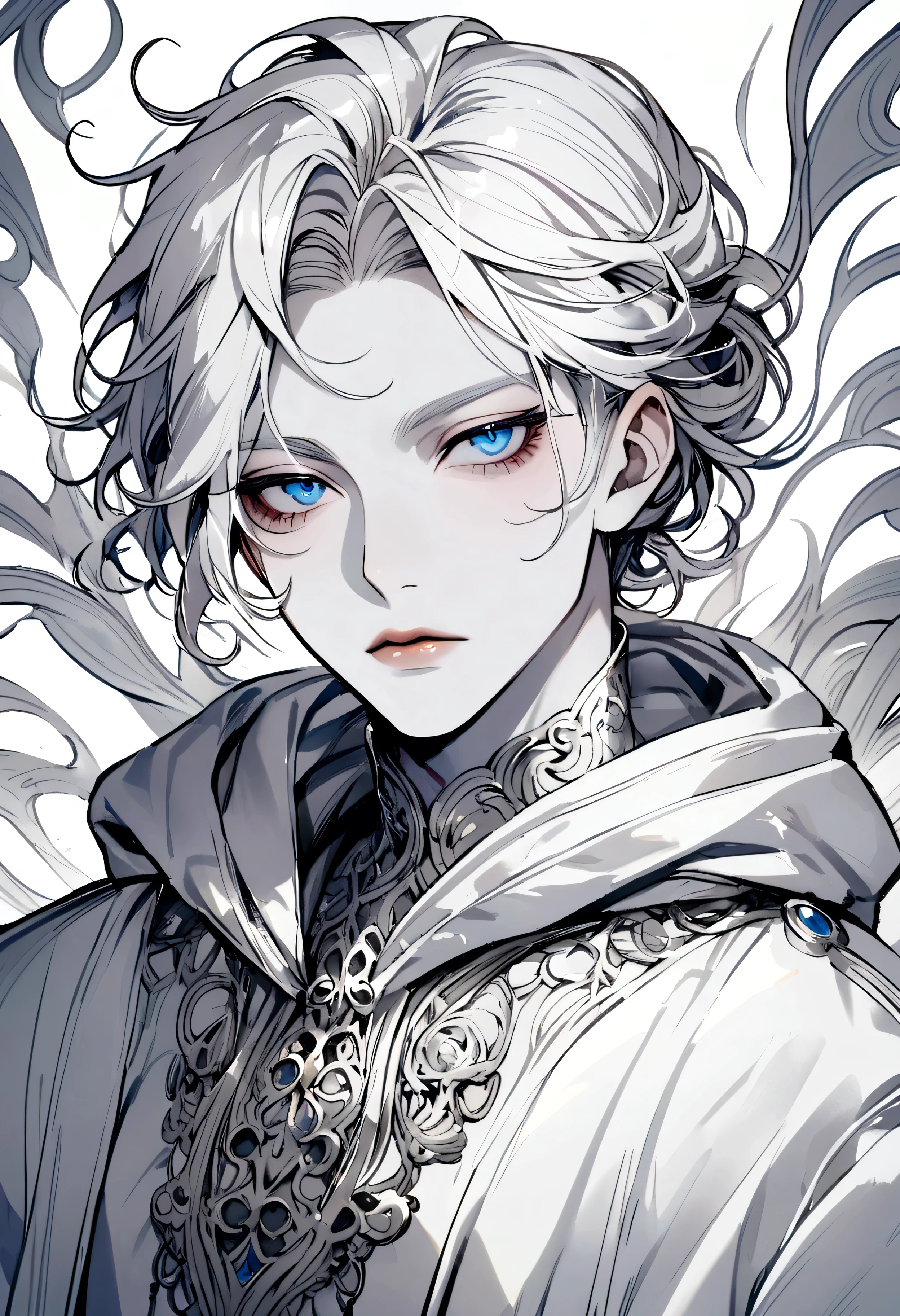 handsome man, white skin, thin lips, white hair, blue eyes, wearing a white hoodie