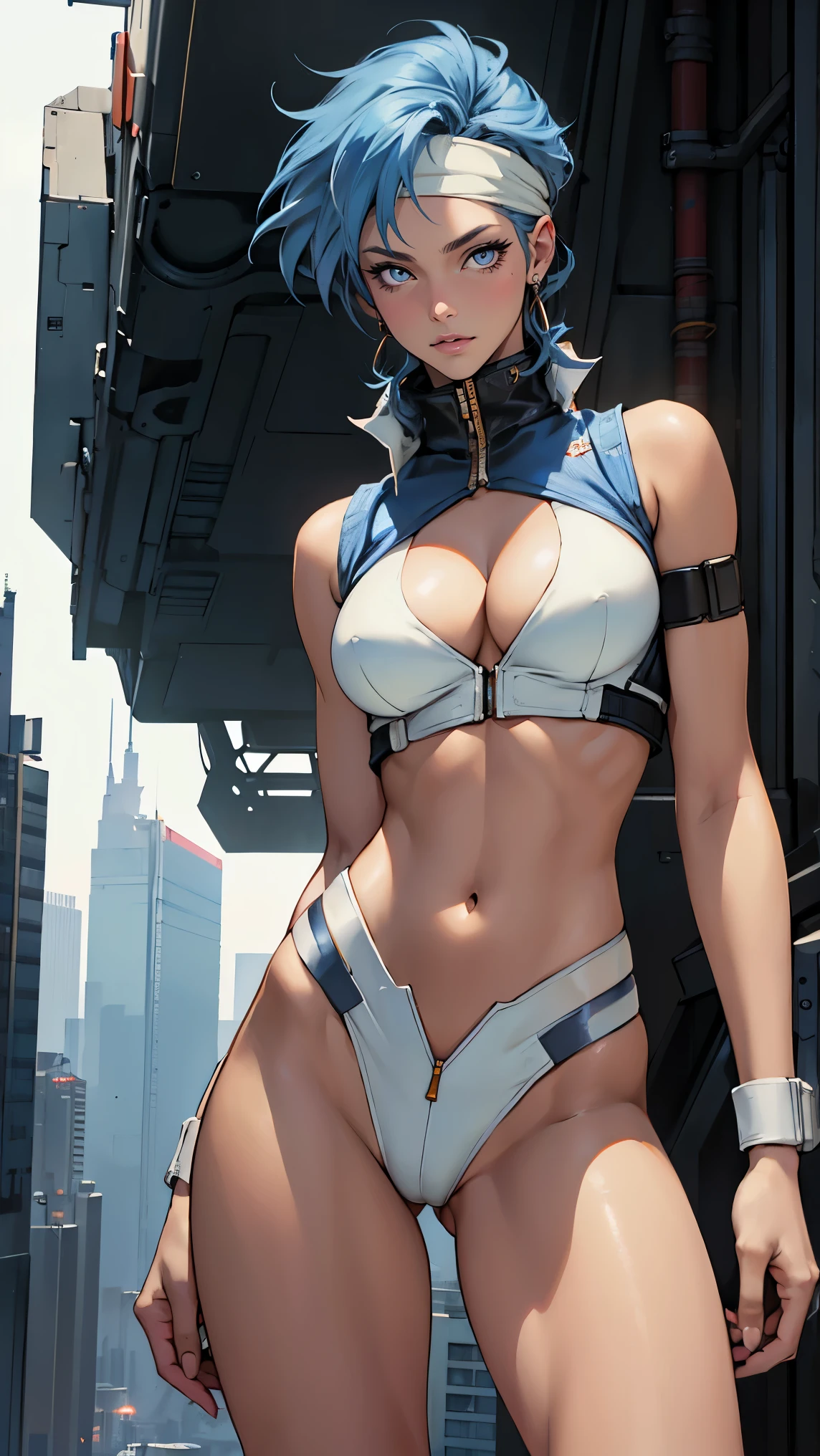 ((Masterpiece, highest quality; 1.3)), super quality, beautiful detail, super detailed, extra fine, 16K, exquisite, absurd, high resolution, beautiful background, detailed background, beautiful eyes, beautiful skin, anime style, Kay from Dirty Pair in a white outfit, tight outfit, cleavage, bushy redhead beauty, very light blue uniform, wearing tight clothes, skimpy, (mid chest: 1.2), cleavage, cleavage, slim waist , thin waist, slim thighs, thin legs, slim legs. thigh gap, showing stomach, skinny, thin hips, cyberpunk city background, holding retro space gun , headband, 