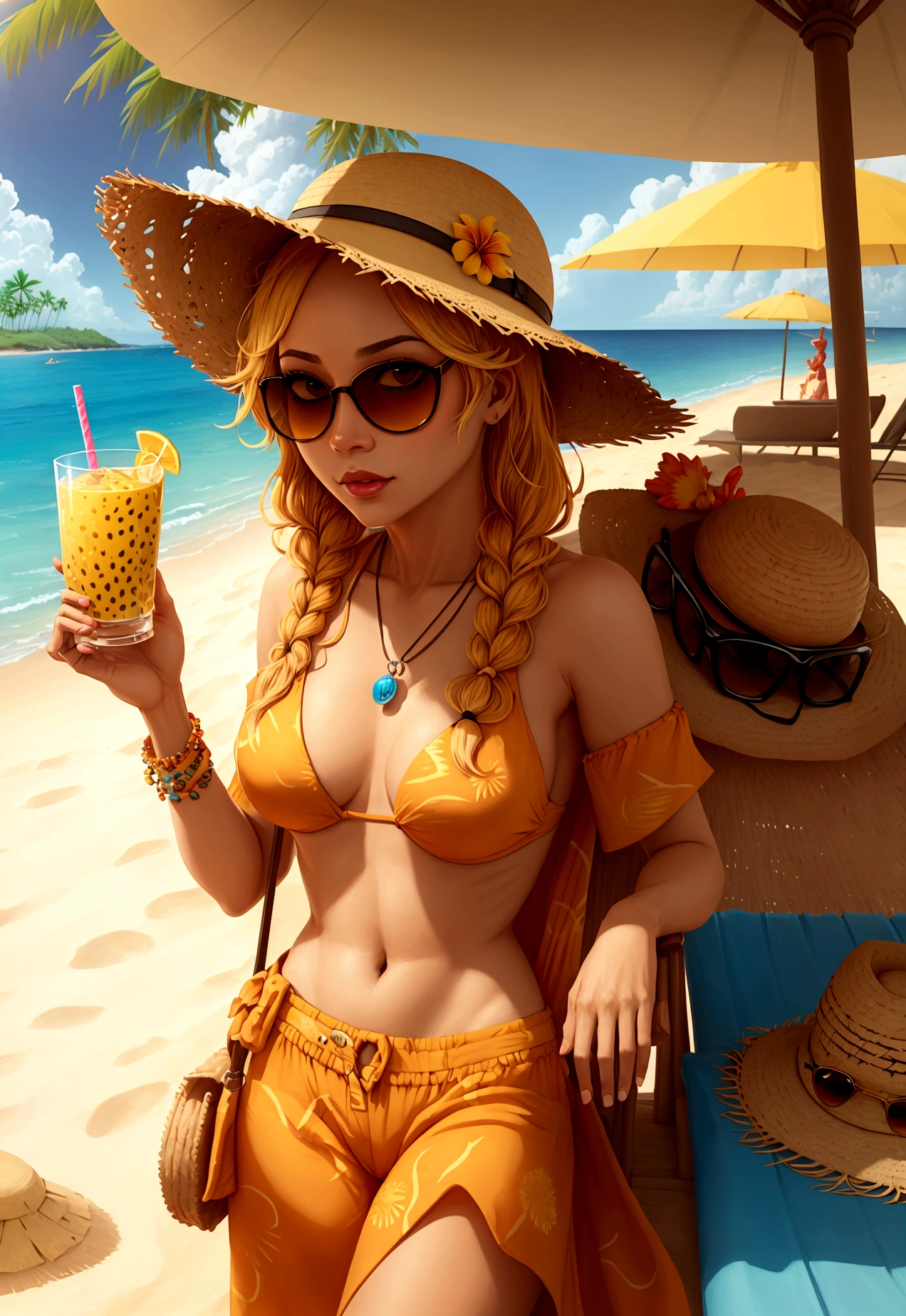 Anthropomorphic cheetah, sunglasses, straw hat, tropical juice, seaside deck, parasol, palm trees, sandy beach,