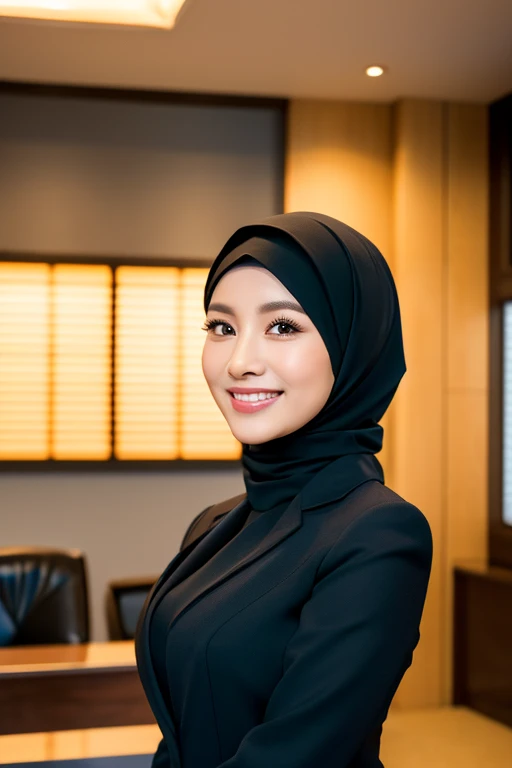 a gorgeous 42 year old busty indonesian woman, formal hijab suit with blazer, beautiful smile, boss, full body portrait,(best quality,4k,8k,highres,masterpiece:1.2),ultra-detailed,(realistic,photorealistic,photo-realistic:1.37),hyper detailed face,extremely detailed eyes and face,detailed makeup,long eyelashes,beautiful detailed lips,elegant pose,confident expression,warm lighting,cinematic angle,office interior background,high quality,intricate details
