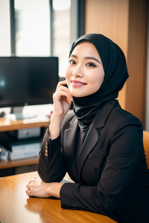 a gorgeous 42 year old busty indonesian woman, formal hijab suit with blazer, beautiful smile, boss, full body portrait,(best quality,4k,8k,highres,masterpiece:1.2),ultra-detailed,(realistic,photorealistic,photo-realistic:1.37),hyper detailed face,extremely detailed eyes and face,detailed makeup,long eyelashes,beautiful detailed lips,elegant pose,confident expression,warm lighting,cinematic angle,office interior background,high quality,intricate details