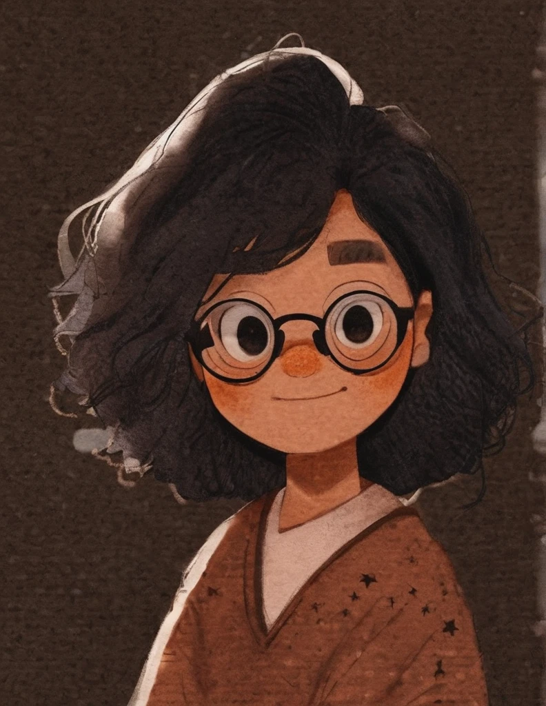 nelli_artstyle, solo, 1girl, brown skin, glasses, smile, portrait, black eyes, star (symbol), looking at viewer, black hair, blush, black-framed eyewear, black hair