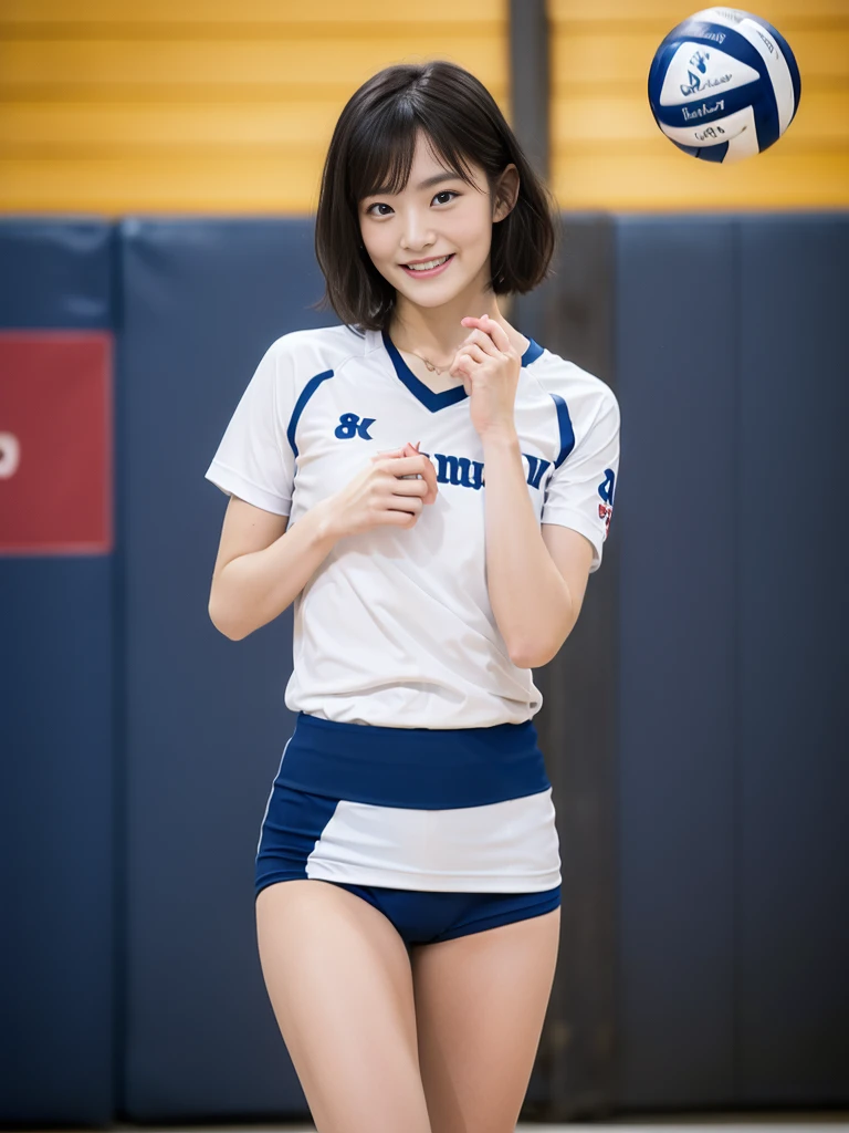 Glossy thighs、(8K、top-quality、​masterpiece:1.2)、(realisitic、Photorealsitic:1.37)、ultra-detailliert、top-quality、超A high resolution、professionally lit、Photon mapping、Radio City、physically-based renderingt、Cinematic lighting、depth of fields,Focusing,Sun'rays,Good composition,,(((1 girl of 12 years))),Double eyes、(((white Volleyball uniform 、Dark blue high-leg low-rise bloomers)))、Gymnasium、A big smile、Gymnasium Court,  (Tween model, 12 year old girl, young)), Ethereal beautiful, slim, very beautiful short hair,Colossal tits、 Toned abs, short cut hair、Soft light, ((David Hamilton Style)),