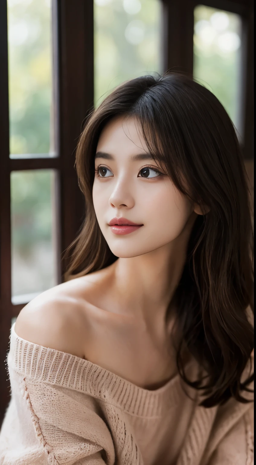 Create a photorealistic image of a beautiful Asian woman with fair, smooth, flawless skin. She has large, round, sparkling eyes with naturally long and curled eyelashes, and well-defined, dark eyebrows. Her nose is straight and high, and her naturally pink, soft lips form a gentle smile. She has short, slightly curled brown hair that highlights her delicate facial features. Her face is oval-shaped, with a wide and high forehead, moderately high cheekbones, and a pointed, slender chin. She is wearing a soft pink sweater relaxed neckline that casually drapes off one shoulder, exposing slender shoulders with ((black trap)), highlighted by the rays of light creating a radiant effect on her skin. The overall atmosphere is serene and intimate, capturing a peaceful moment of solitude and the beauty of the light, mid-shot , light rays warm atmosphere