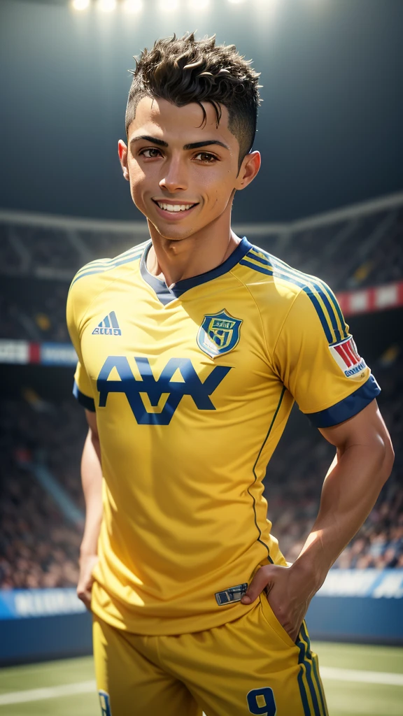 arafed soccer player with a yellow and blue uniform on, a picture inspired by Master of the Bambino Vispo, pixabay, happening, cristiano ronaldo, portrait of cristiano ronaldo, soccer player cristiano ronaldo, cristiano ronaldo as batman, ronaldo luis nazario de lima, ronaldo luis nazario da lima, ronaldo fenomeno, joyful smirk, confident smirk