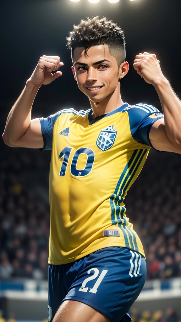 arafed soccer player with a yellow and blue uniform on, a picture inspired by Master of the Bambino Vispo, pixabay, happening, cristiano ronaldo, portrait of cristiano ronaldo, soccer player cristiano ronaldo, cristiano ronaldo as batman, ronaldo luis nazario de lima, ronaldo luis nazario da lima, ronaldo fenomeno, joyful smirk, confident smirk