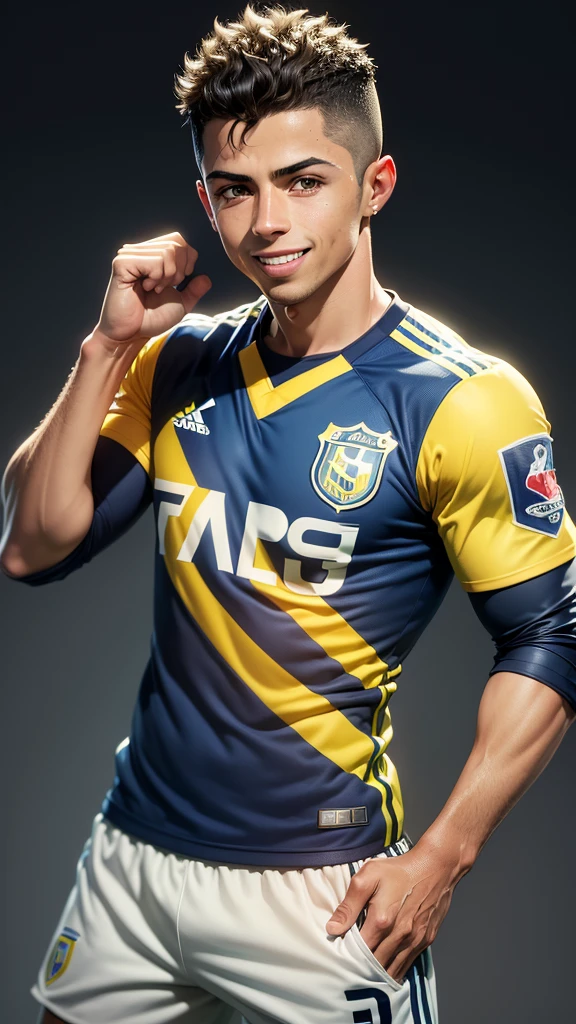 arafed soccer player with a yellow and blue uniform on, a picture inspired by Master of the Bambino Vispo, pixabay, happening, cristiano ronaldo, portrait of cristiano ronaldo, soccer player cristiano ronaldo, cristiano ronaldo as batman, ronaldo luis nazario de lima, ronaldo luis nazario da lima, ronaldo fenomeno, joyful smirk, confident smirk