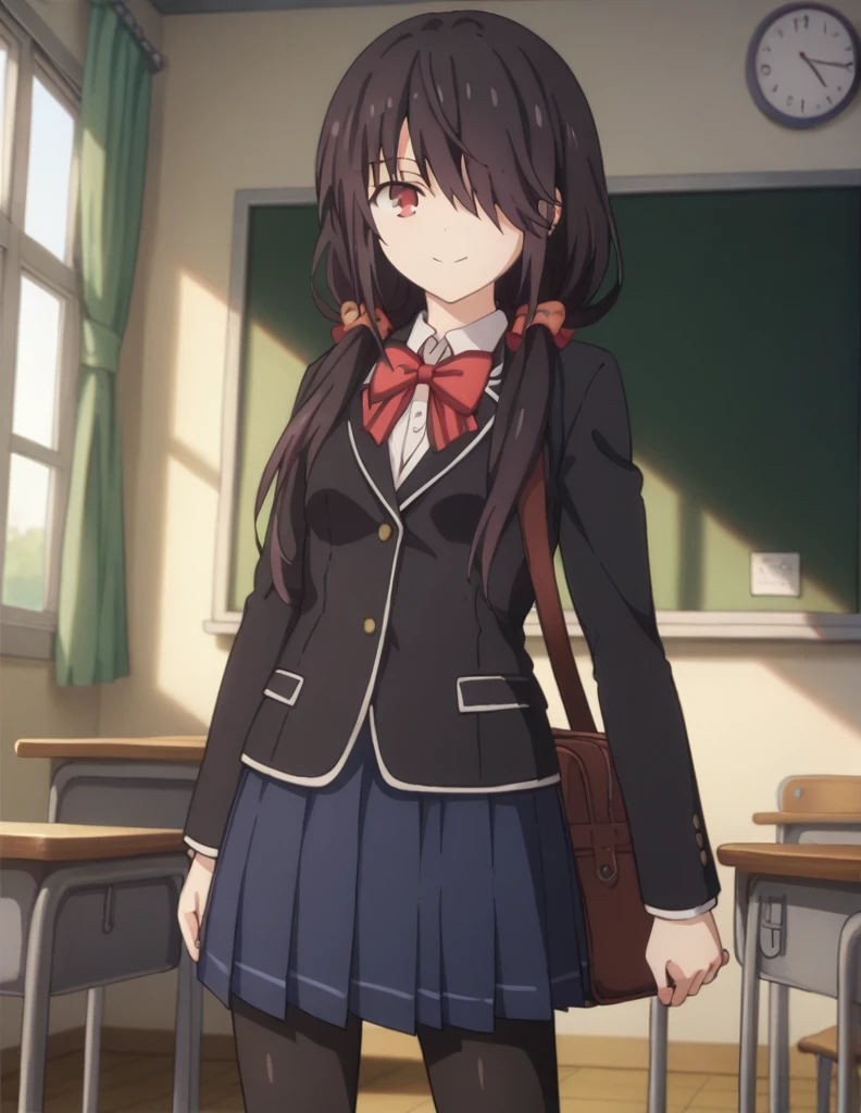 score_9, score_8_up, score_7_up, source_anime,
kurumitokisaki, kurumi tokisaki, black hair, red eyes, long hair,
Black silk leggings,...skirt, long sleeves, ribbon, school uniform, jacket, pleated skirt, bag, hair over one eye, blue skirt, blazer, school bag, black blazer, twintails, low twintails,
indoors, classroom, smile,
looking at viewer, solo, cowboy shot, dutch angle,