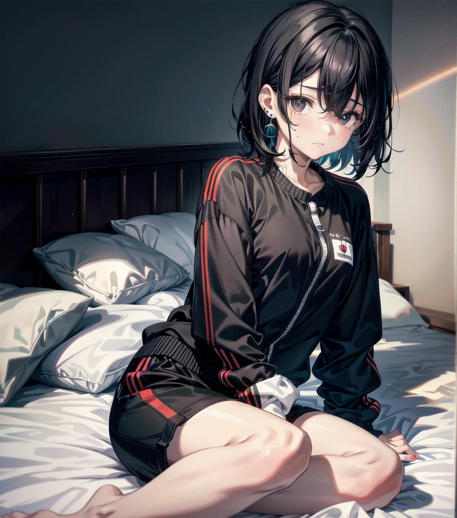 whole body, solo, alone, delicate facial features, medium tits, medium hair, black hair, tearful mole, earring, tracksuit, shorts, bed,