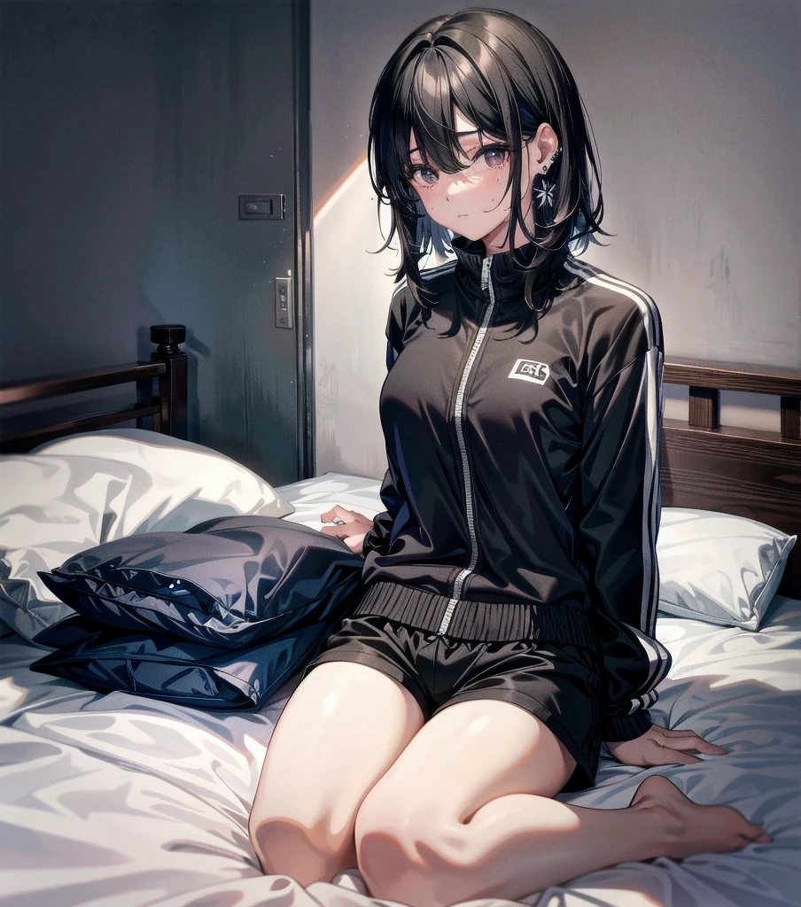 whole body, solo, alone, delicate facial features, medium tits, medium hair, black hair, tearful mole, earring, tracksuit, shorts, bed,