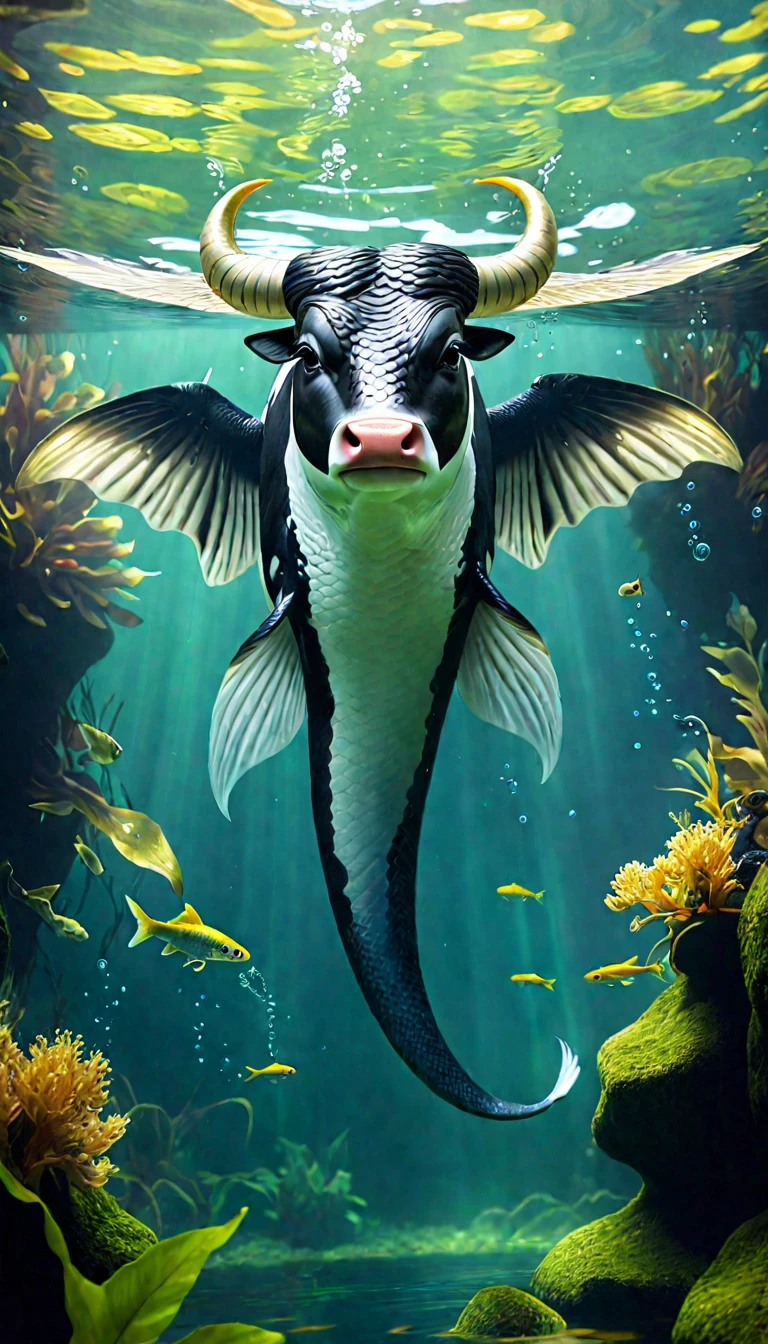 Fish with wings in water，Looks like a cow，Snake&#39;s Tail（best quality，4K，8K，High level，masterpiece：1.2），Ultra Detailed，（lifelike，Photo real，Photo real：1.37），Highly detailed animals，Complex patterns，Dramatic lighting，Fantasy creature composition，Panorama