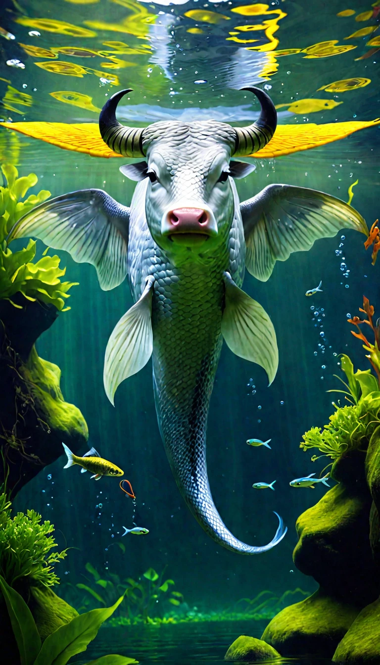 Fish with wings in water，Looks like a cow，Snake&#39;s Tail（best quality，4K，8K，High level，masterpiece：1.2），Ultra Detailed，（lifelike，Photo real，Photo real：1.37），Highly detailed animals，Complex patterns，Dramatic lighting，Fantasy creature composition，Panorama