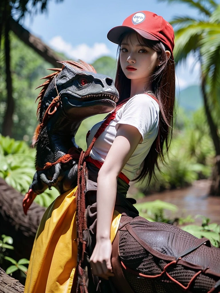 Chica linda como wang yiren, in jurassic park jurassic park with a dinosaur , nice hair and cap