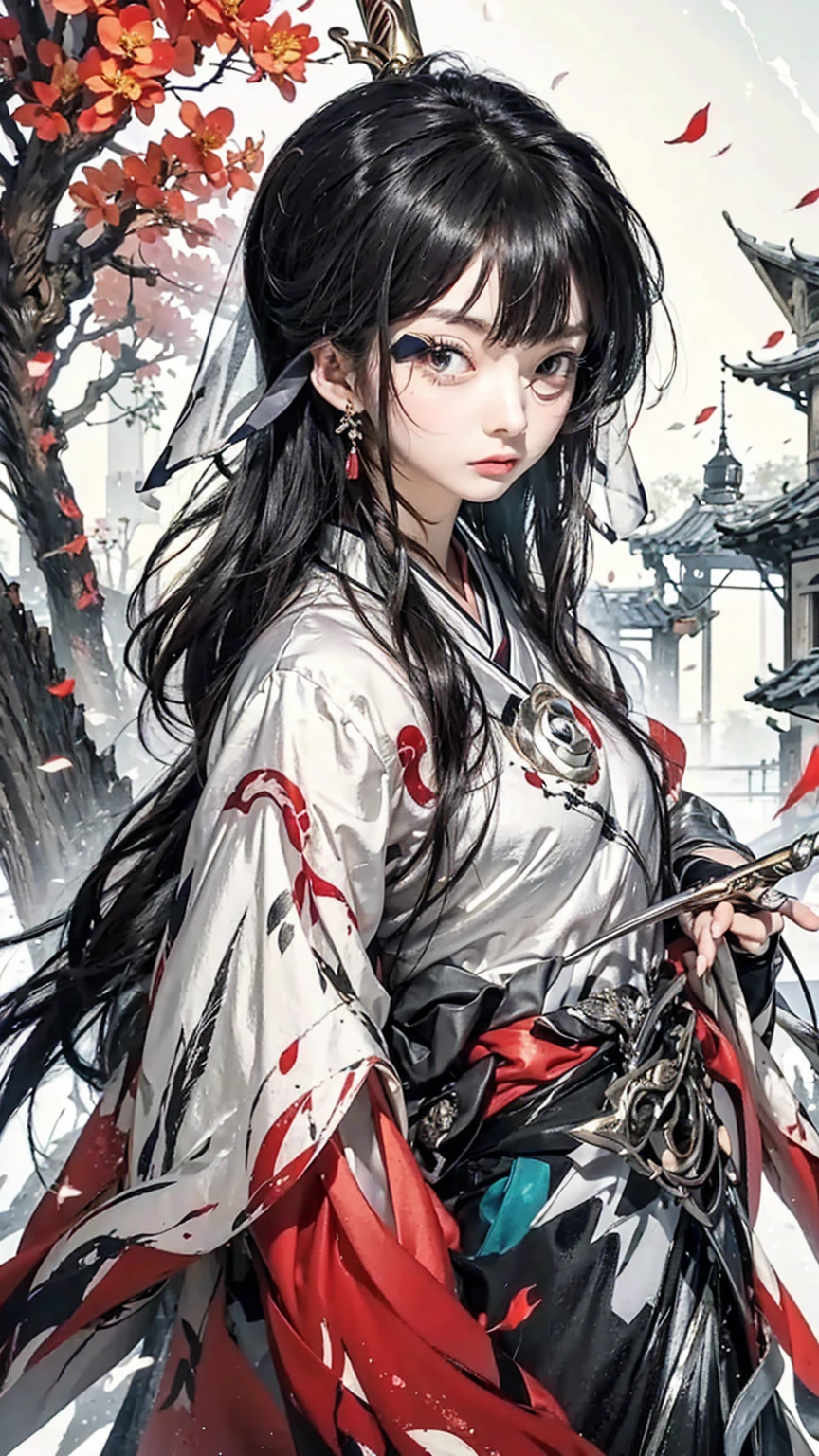 A painting of a woman wearing a veil and a sword, Beautiful character painting, Guviz, Guviz-style artwork, Guweiz in Pixiv ArtStation, Guweiz on ArtStation Pixiv, a beautiful anime portrait, Beautiful anime woman, guweiz masterpiece, style of anime4 K, Palace ， A girl in Hanfu，Sword in hand