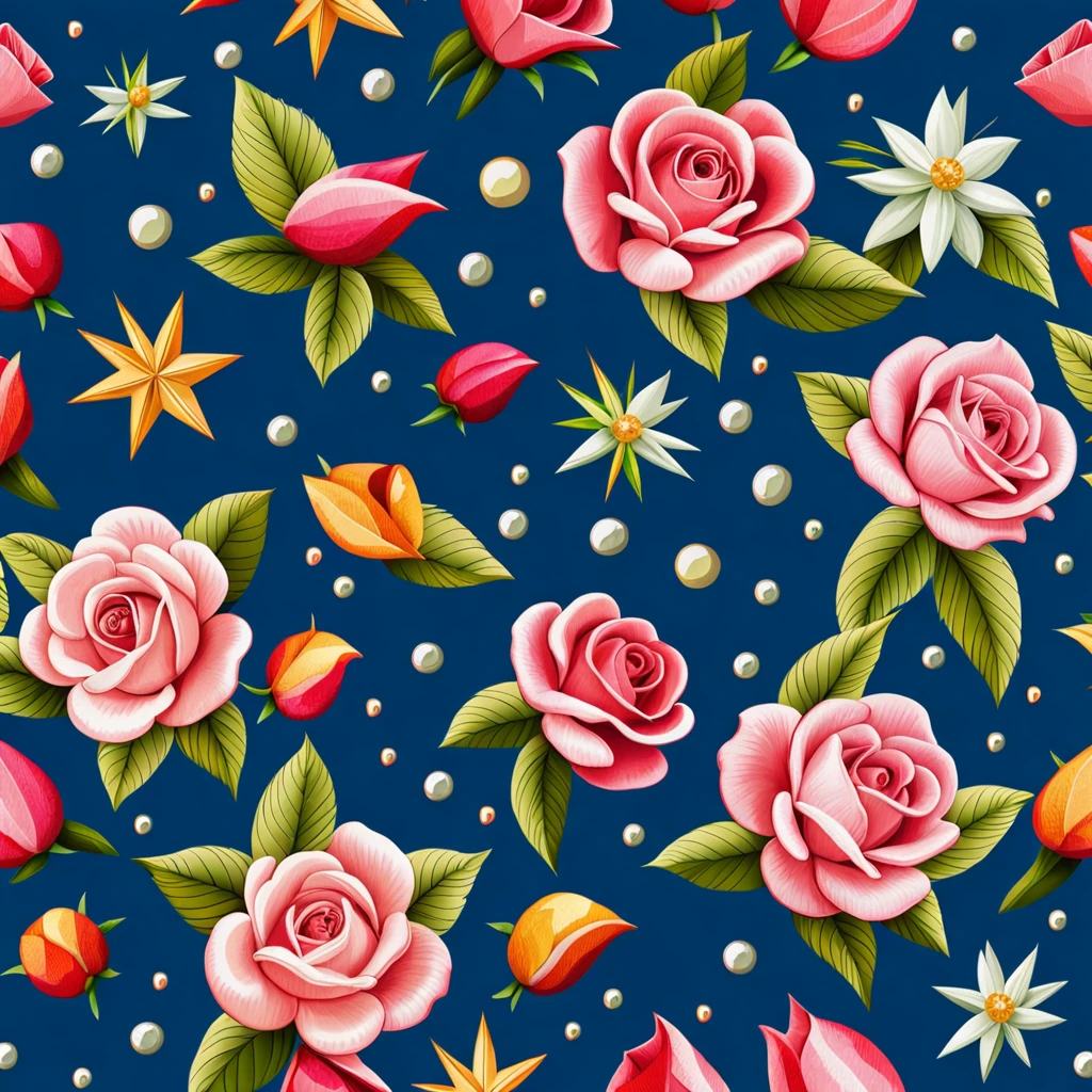 Seas of ((Colourful ROSE)) MILLION SMALL ((STARS)) In the (DARK BLUE BACKGROUND:3.0) — ocean breeze, sun-bleached driftwood, and a touch of salty sea air. ((GOLDEN stars)) colourful BERRIES, ((YELLOW SMALL STARS)) ROSEs, ((COLORFUL BUTTERFLY)), ((GREEN LEAFY FLORA)), (strawberry), BLUE rose, cherry || (embroidery) seamless pattern, fruit, butterfly, diamond, pearls, Best quality, masterpiece, ultra high res, (photo realistic:1.4), surrealism, dream-like, ((abstract art)), vector arts, ROSE, tulips, magnolia, lily rose ((FLOWER, DIAMOND, PEARLS)) a close up of a STARS pattern, STARS wallpaper, ornate STARS, STARS pattern, STARS explosion, STARS! intricate, STARS GEMS, ROSEs colourful, chinoiserie pattern, VECTOR wallpaper, STARS renewal, with colourful ROSE and plants, STARS dream, garden ROSEs pattern, STARS patterned skin, STARS design, STARS motives, boho STARS vines, (8k, RAW photo, best quality, masterpiece:1.2, Sharp image, vector)