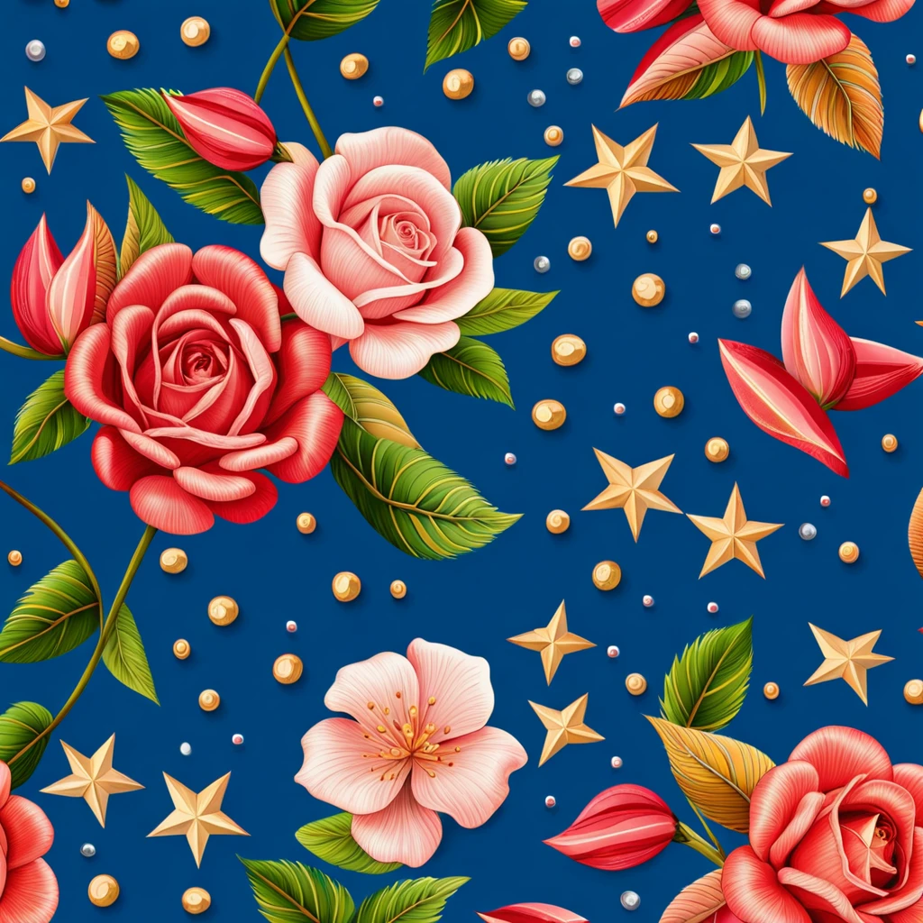 Seas of ((Colourful ROSE)) MILLION SMALL ((STARS)) In the (DARK BLUE BACKGROUND:3.0) — ocean breeze, sun-bleached driftwood, and a touch of salty sea air. ((GOLDEN stars)) colourful BERRIES, ((YELLOW SMALL STARS)) ROSEs, ((COLORFUL BUTTERFLY)), ((GREEN LEAFY FLORA)), (strawberry), BLUE rose, cherry || (embroidery) seamless pattern, fruit, butterfly, diamond, pearls, Best quality, masterpiece, ultra high res, (photo realistic:1.4), surrealism, dream-like, ((abstract art)), vector arts, ROSE, tulips, magnolia, lily rose ((FLOWER, DIAMOND, PEARLS)) a close up of a STARS pattern, STARS wallpaper, ornate STARS, STARS pattern, STARS explosion, STARS! intricate, STARS GEMS, ROSEs colourful, chinoiserie pattern, VECTOR wallpaper, STARS renewal, with colourful ROSE and plants, STARS dream, garden ROSEs pattern, STARS patterned skin, STARS design, STARS motives, boho STARS vines, (8k, RAW photo, best quality, masterpiece:1.2, Sharp image, vector)