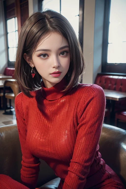 (RAW photo, high resolution, Best quality, masutepiece:1.3), (realistic detail, hyper realisitc, Photorealistic: 1.2), Shot with the Canon EOS R6, Sharp focus, f/1.8, Medium Shot Shot, upperbody shot, 1girl in, Very delicate and beautiful, Beautiful detailed girl, Very detailed eyes and face, Triangular face, Beautiful detailed eyes, (Slender figure, Thin waist), ((Red sweater dress)), During fashion, Earrings, Natural makeup, Pink shiny lips, Sweep fashion shorthair, Perfect style, (low illuminance, sitting in a café), NFFSW, Ultra-realistic, Highest quality, Super detailed
