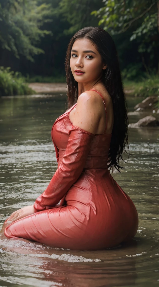 woman in a red dress is sitting in the water, expensive dress, long sleeves, closeup fantasy with water magic, beautiful maiden, wearing a dress made of water, dripping wet, in water up to her shoulders, beautiful realistic painting, nymph in the water, hyperrealist portrait in a river, hyperrealistic fantasy photo, splashing, v neck, cute shot, narrow depth of field, 8k, nsfw, drenched, ((soaked)), dripping water, dripping oil, heavy clothes, soaked in oil, wet all over, rouge lipstick, wet dripping hair, varied poses, emphasize round ass,widest hips ,thick thigs,rare view,sitting,view from behind,widest hips,